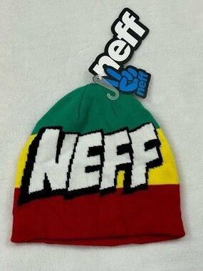 NEFF Spell Out Graphic Rasta Colors CuffLess Acrylic Knit Winter Beanie Hat Cap